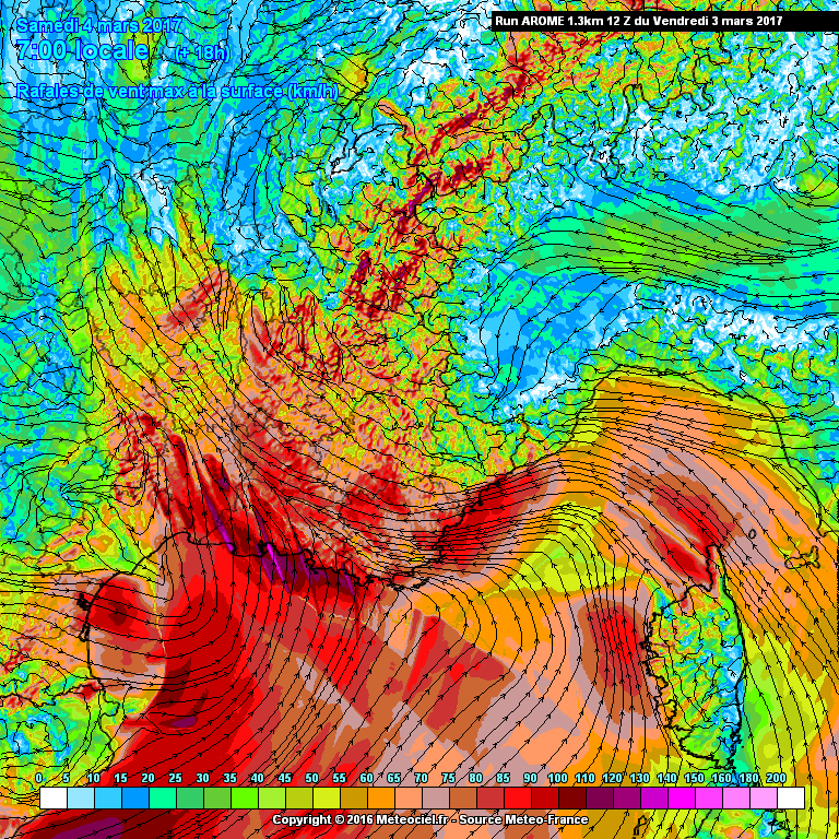 Rafales de vent max - Arome 1.3km