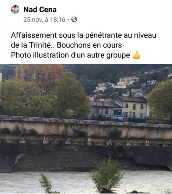 25/11/2019: Événement lié à la crue du Paillon : Affaissement sous la pénétrante au niveau de la Nice la Trinité - meteo06.fr